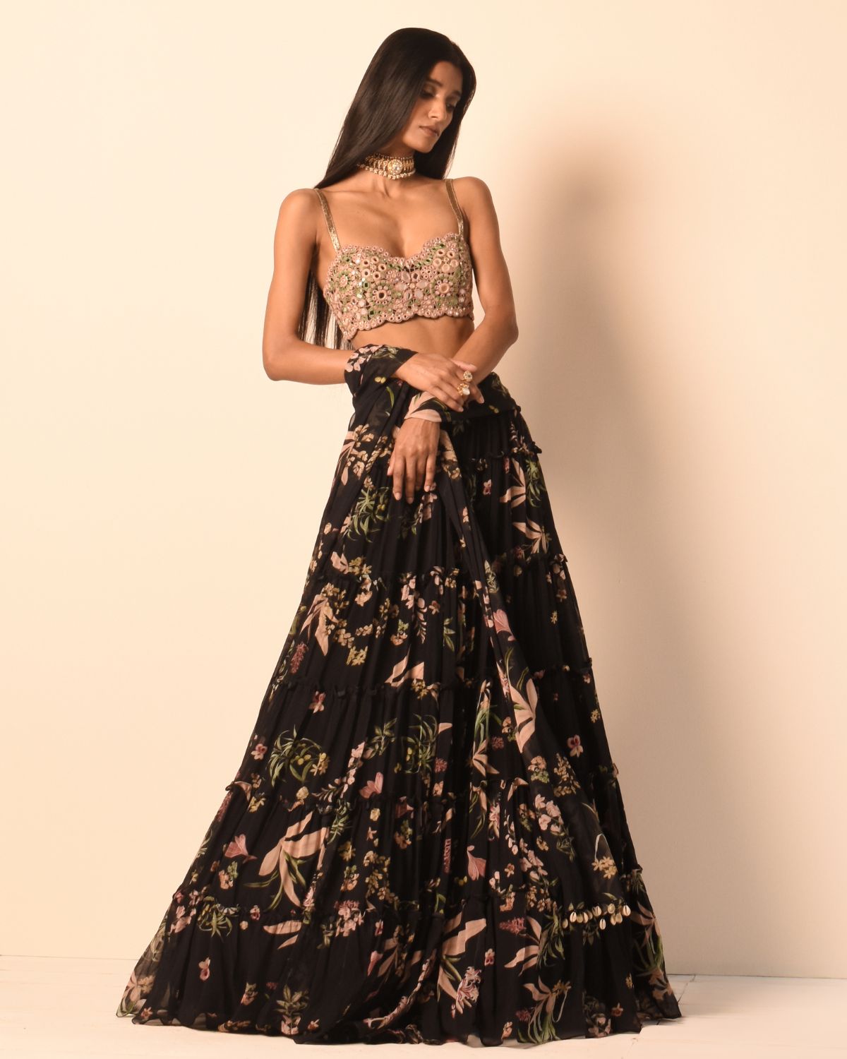Black Floral Print Tiered Skirt Set