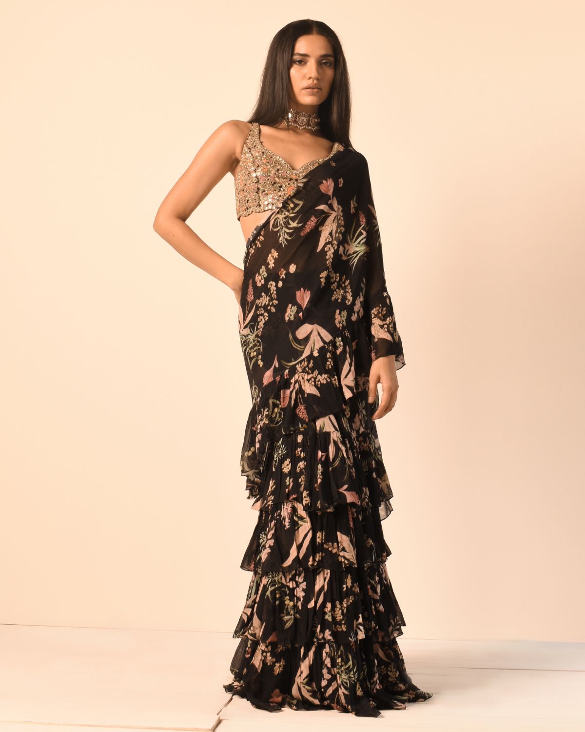 Black Floral Printed Ruffle Sari Set