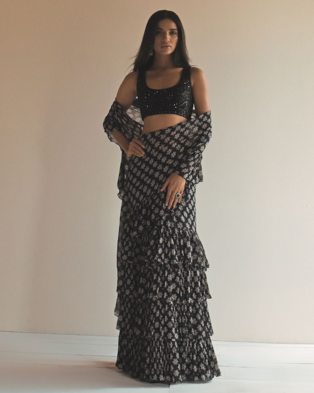 Black Butti Print Ruffle Sari Set