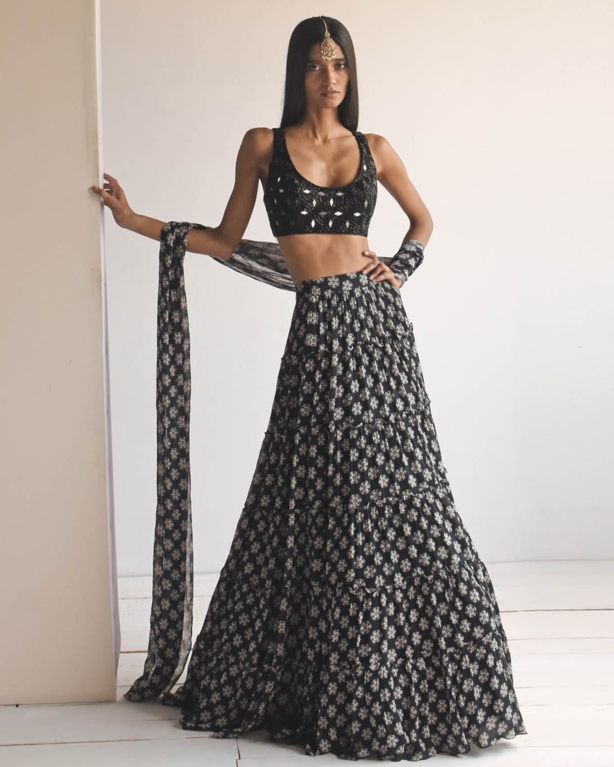 Black Butti Print Tiered Skirt Set | Arpita Mehta
