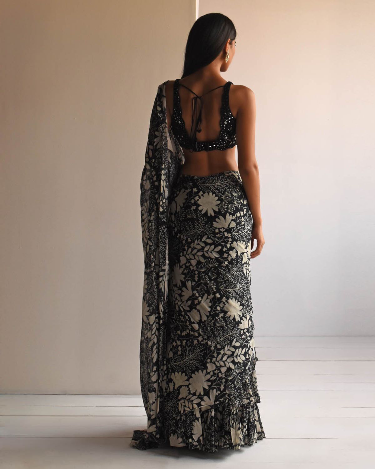 Black Garden Printed Ruffle Sari Set