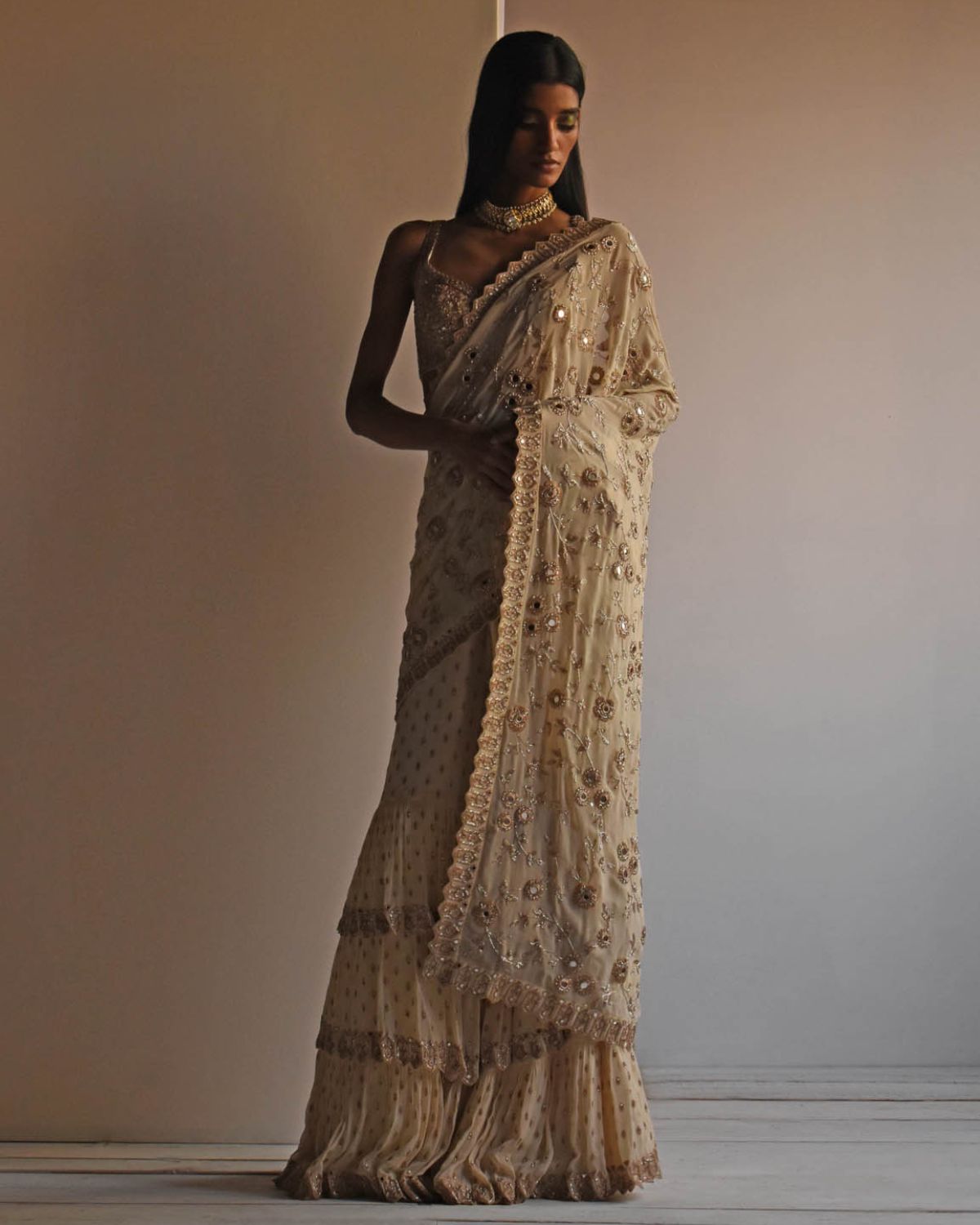 Solid Coconut Embroidered Ruffle Sari Set
