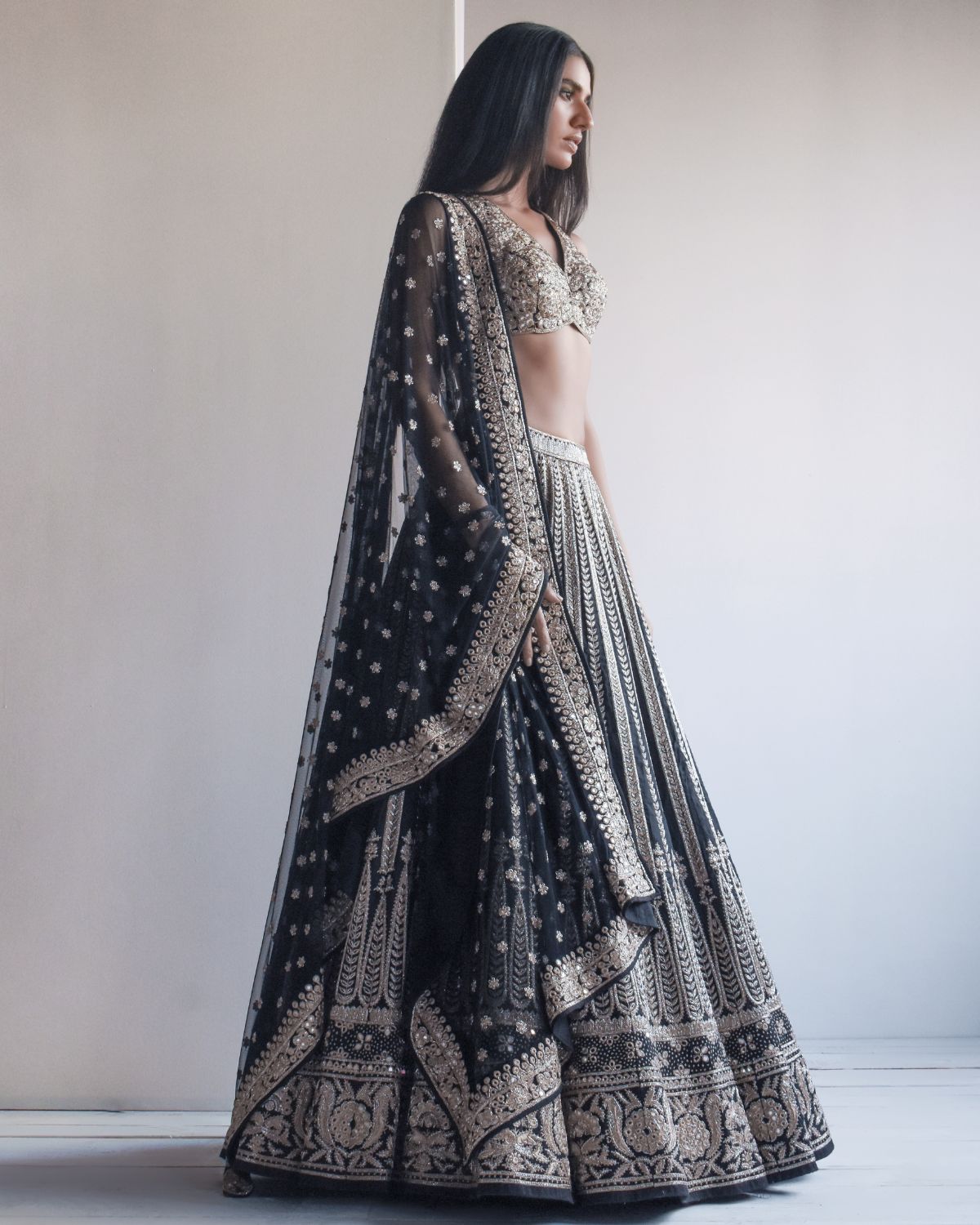 Black And Gold Embroidered Lehenga Set