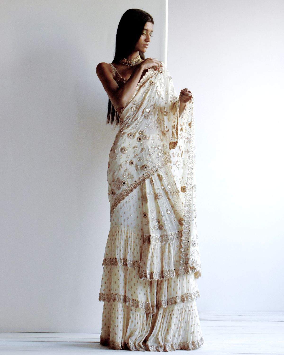 Solid Coconut Embroidered Ruffle Sari Set