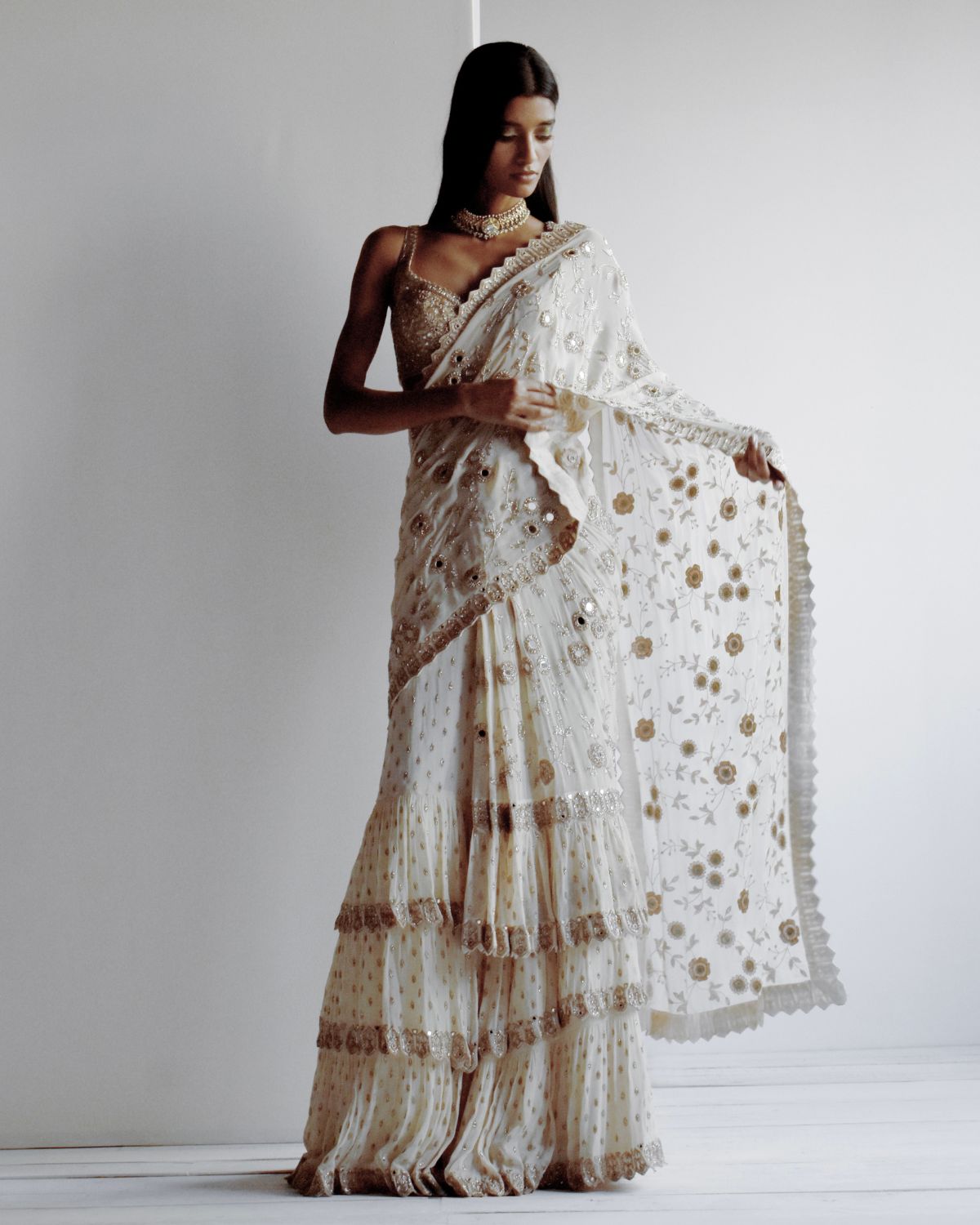Solid Coconut Embroidered Ruffle Sari Set