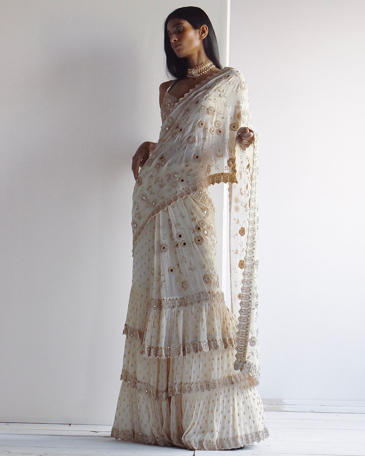 Solid Coconut Embroidered Ruffle Sari Set