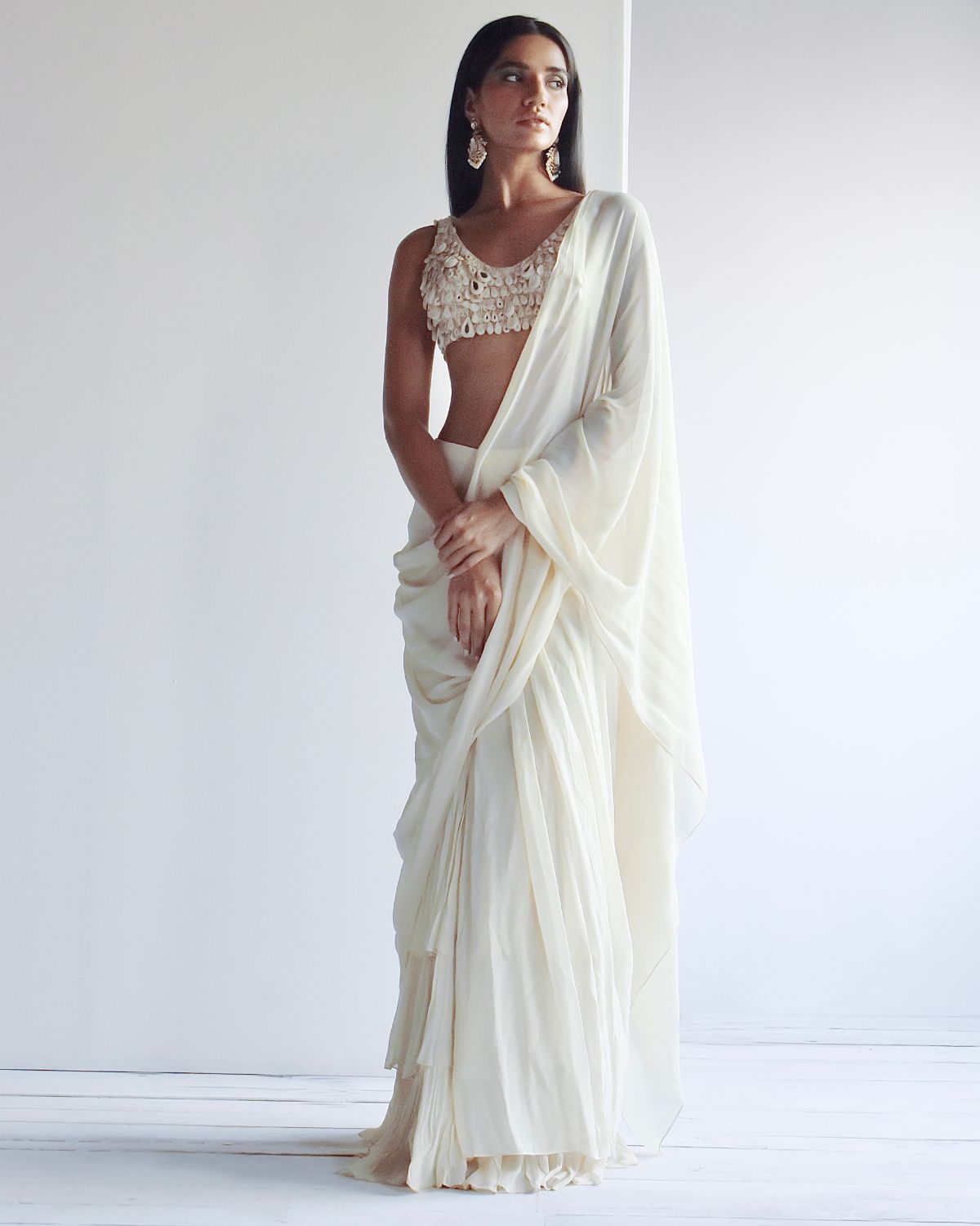 Solid Coconut Ruffle Sari Set | Arpita Mehta