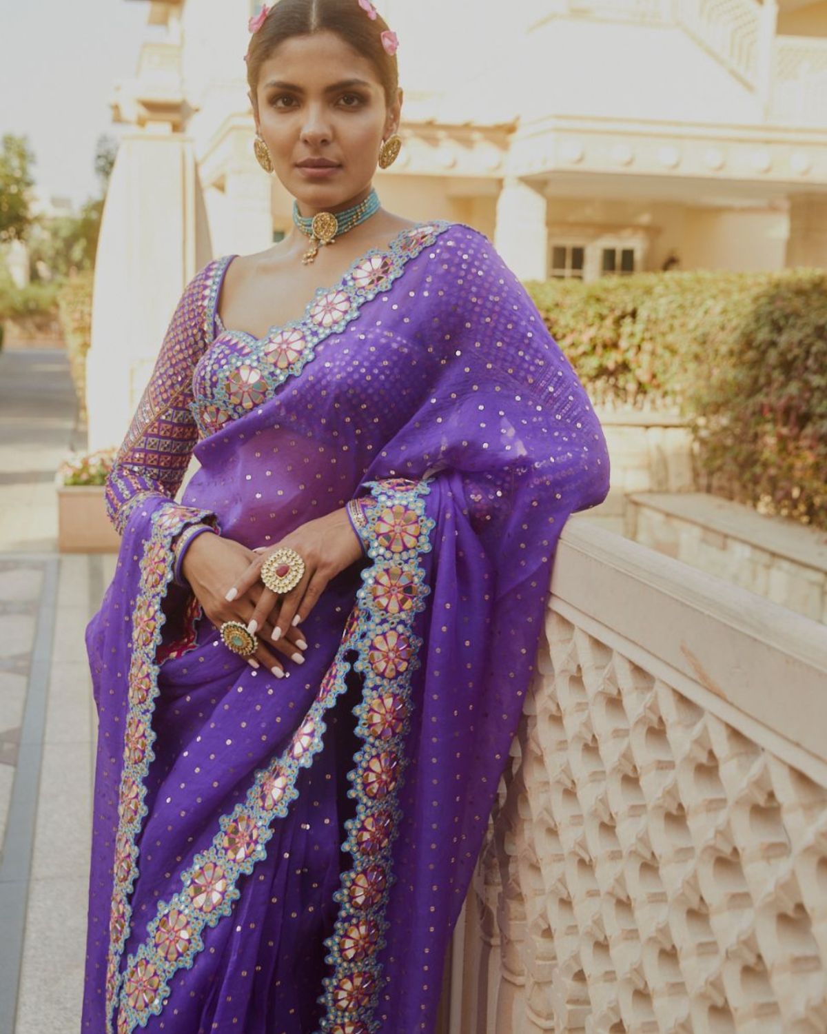 Purple Hand Cut Mirror Border Sari Set