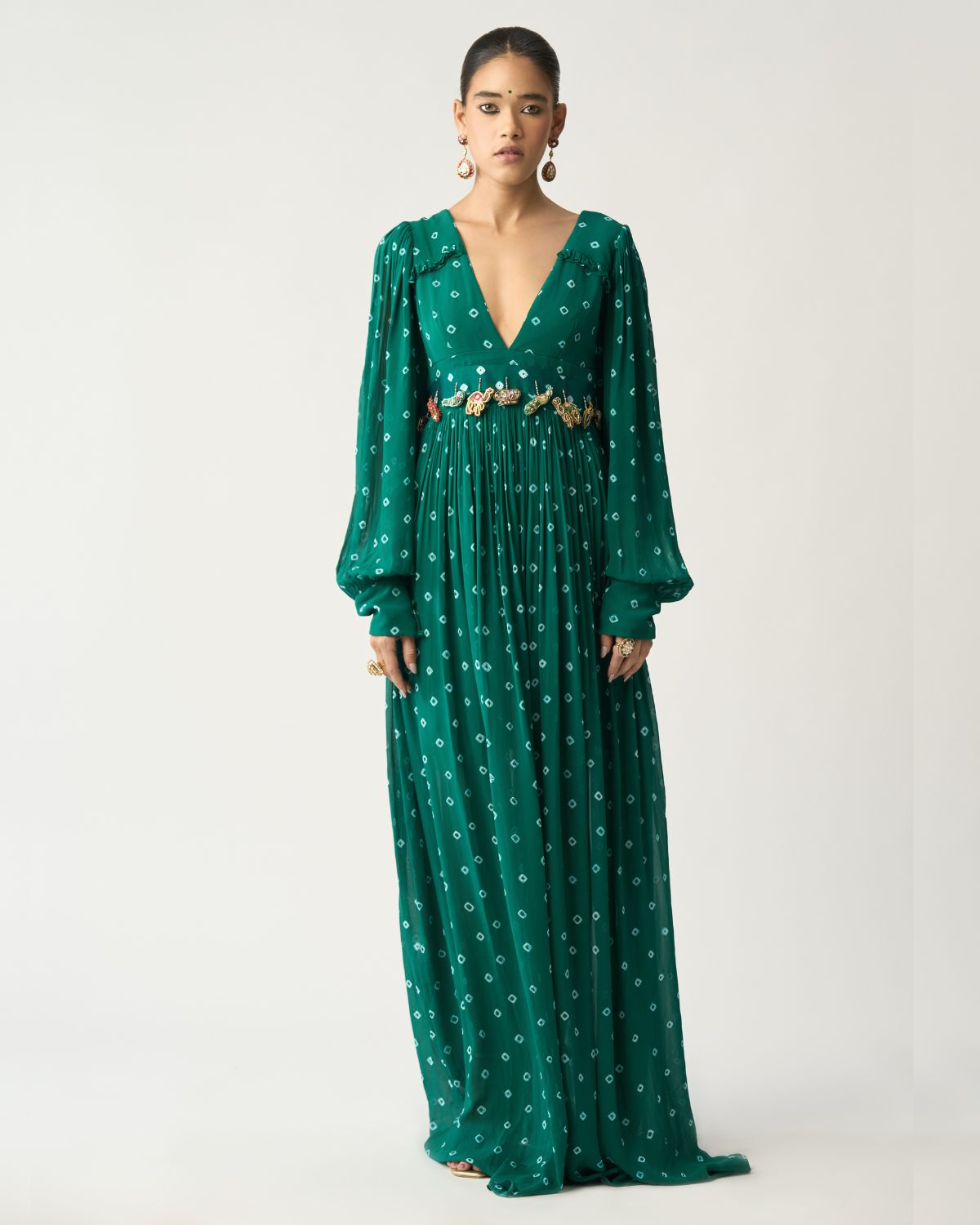 Green Bandhani Maxi Dress by ITRH