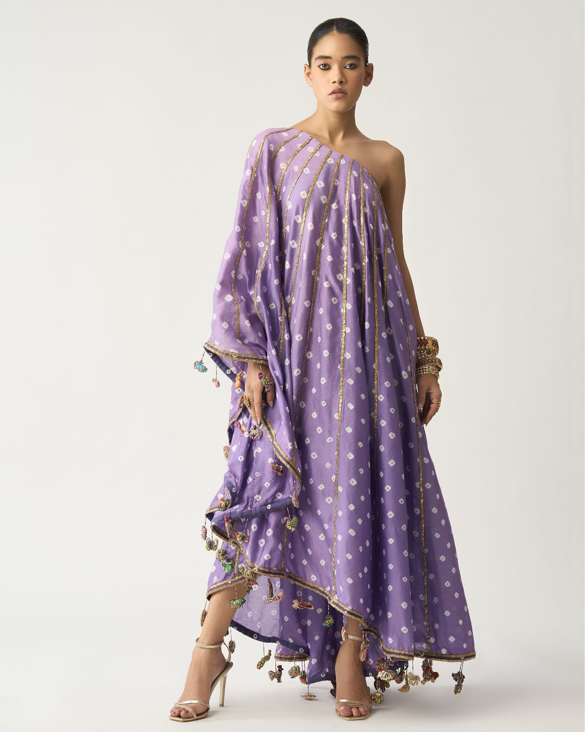 Purple One Shoulder Bandhani Kaftan Dress by ITRH