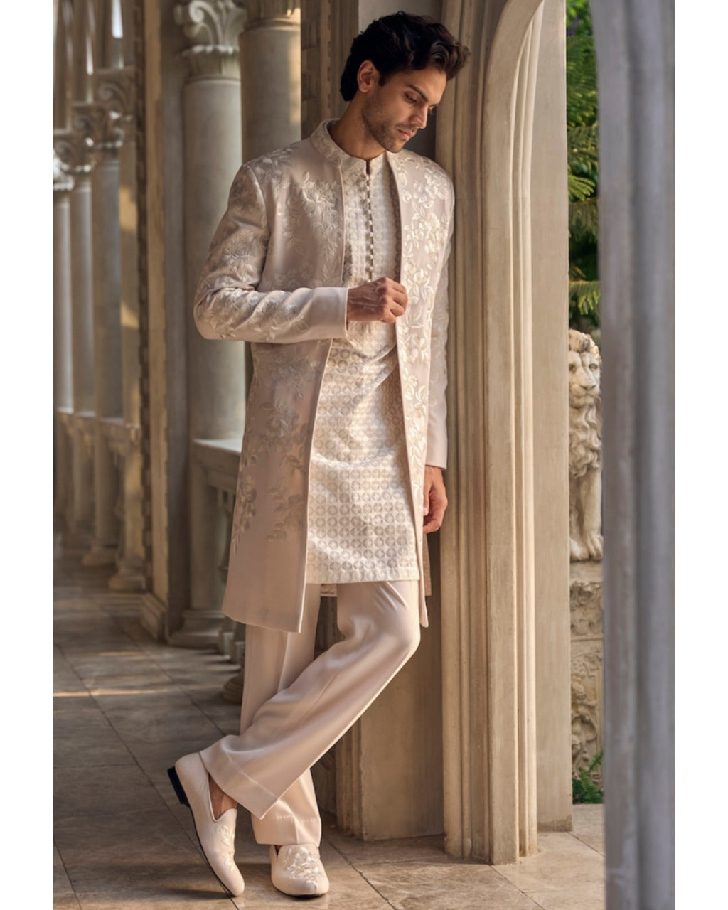 Chapelle Light Beige Open Sherwani Set