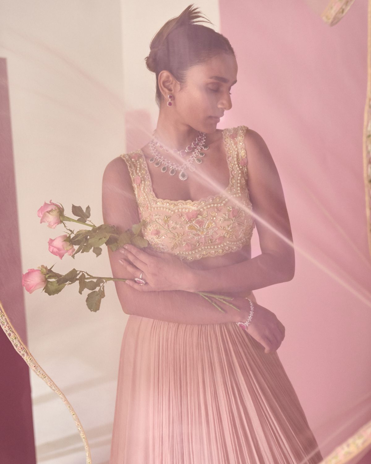 Pink lehenga enhanced in drape and slit sleeve KALKI Fashion India