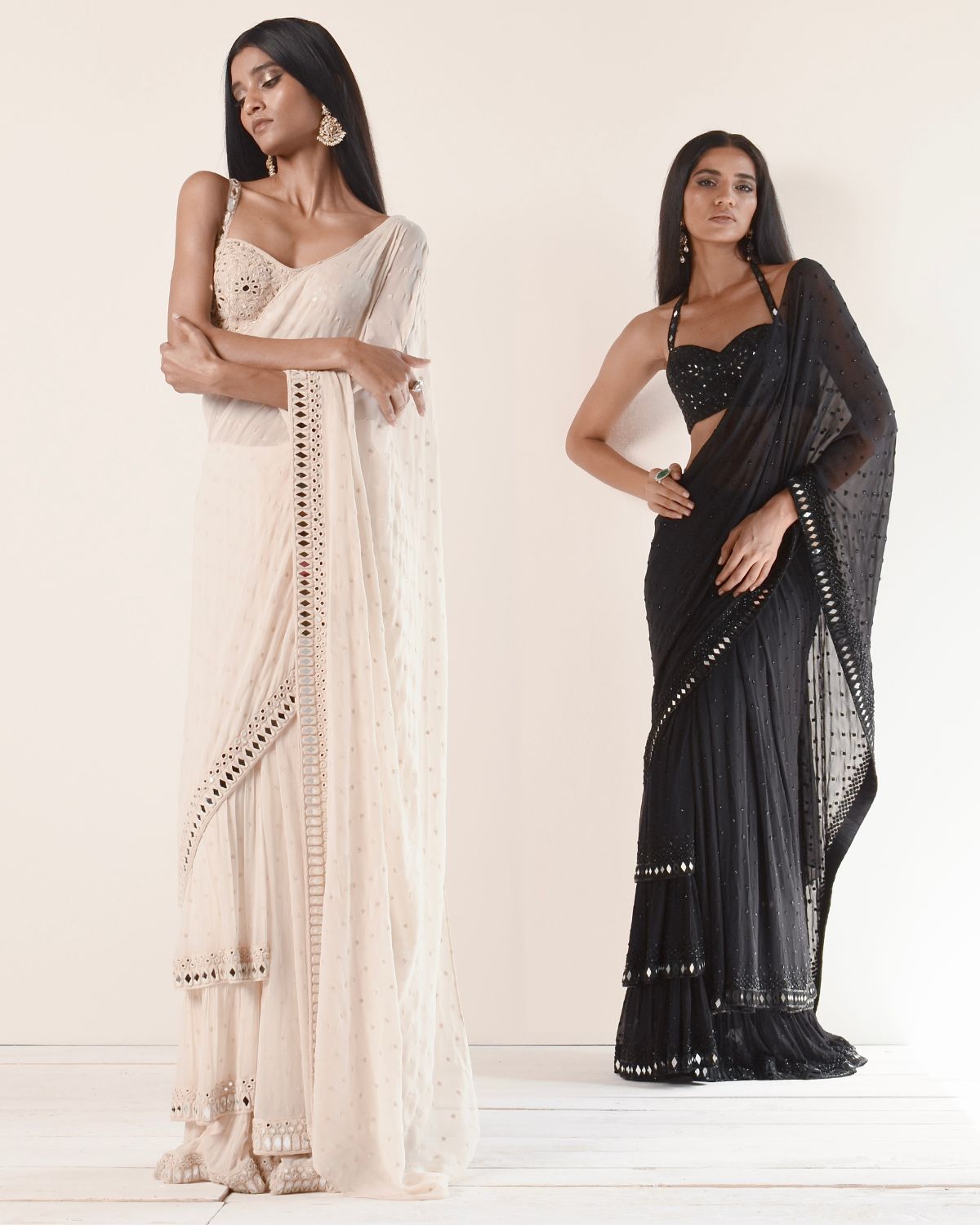 Solid Coconut Ruffle Tiered Sari Set