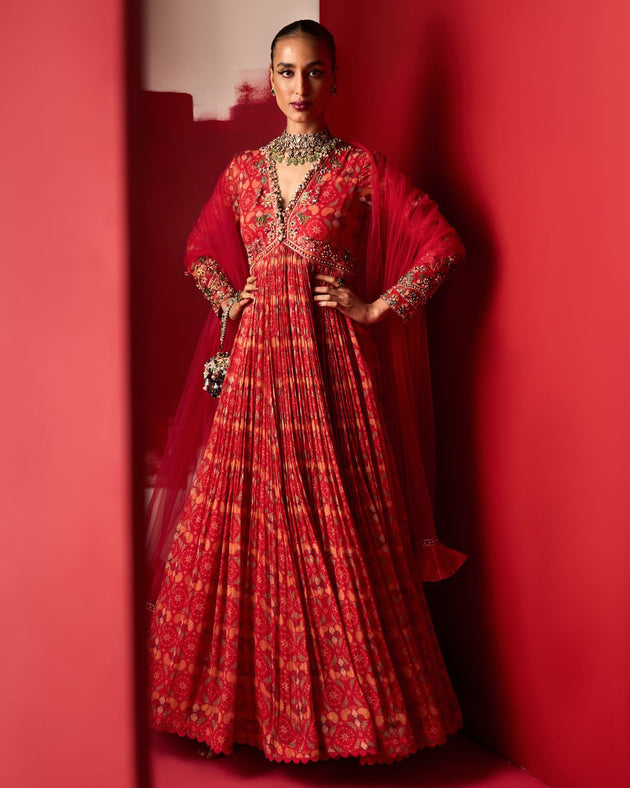 Red Printed Anarkali Set by Ridhi Mehra