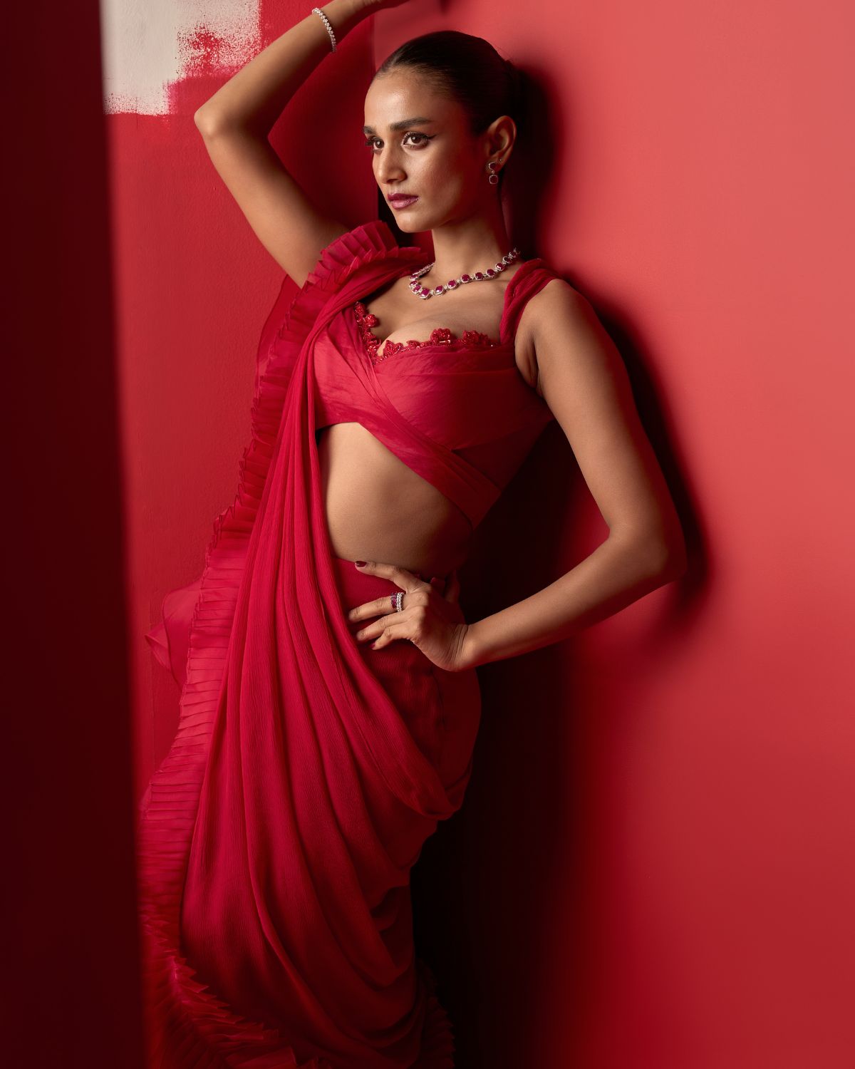 Ruby Red Ruffle Pre Draped Sari Set by Ridhi Mehra