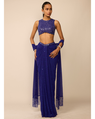 Cocktail Blue Sequins Embroidered Draped Skirt Set