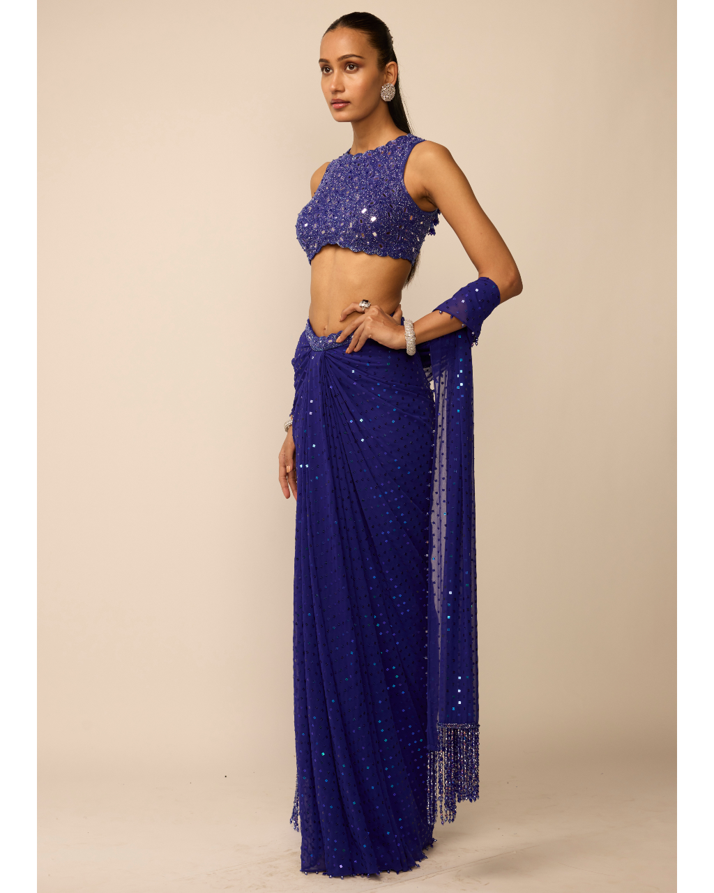 Cocktail Blue Sequins Embroidered Draped Skirt Set