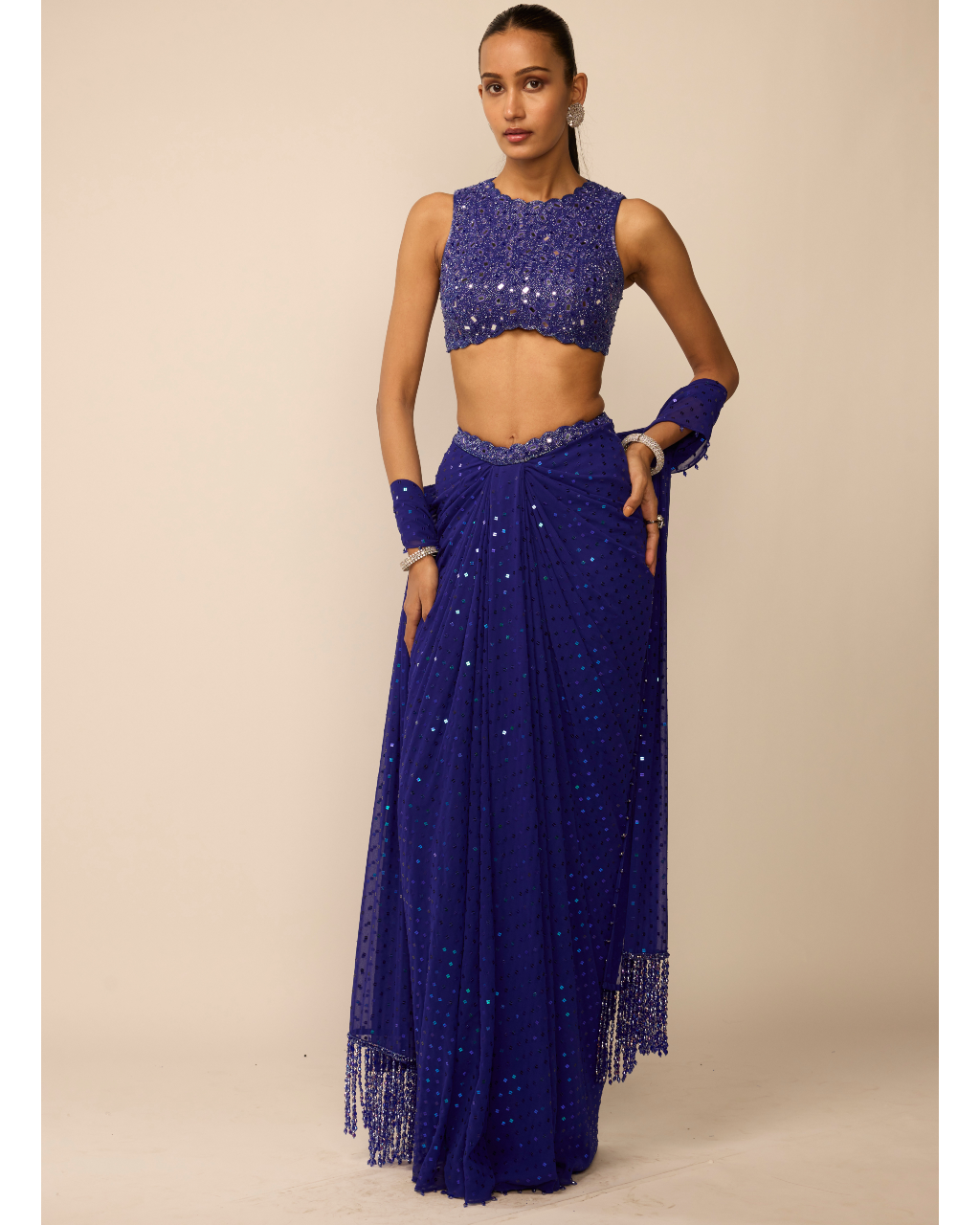 Cocktail Blue Sequins Embroidered Draped Skirt Set