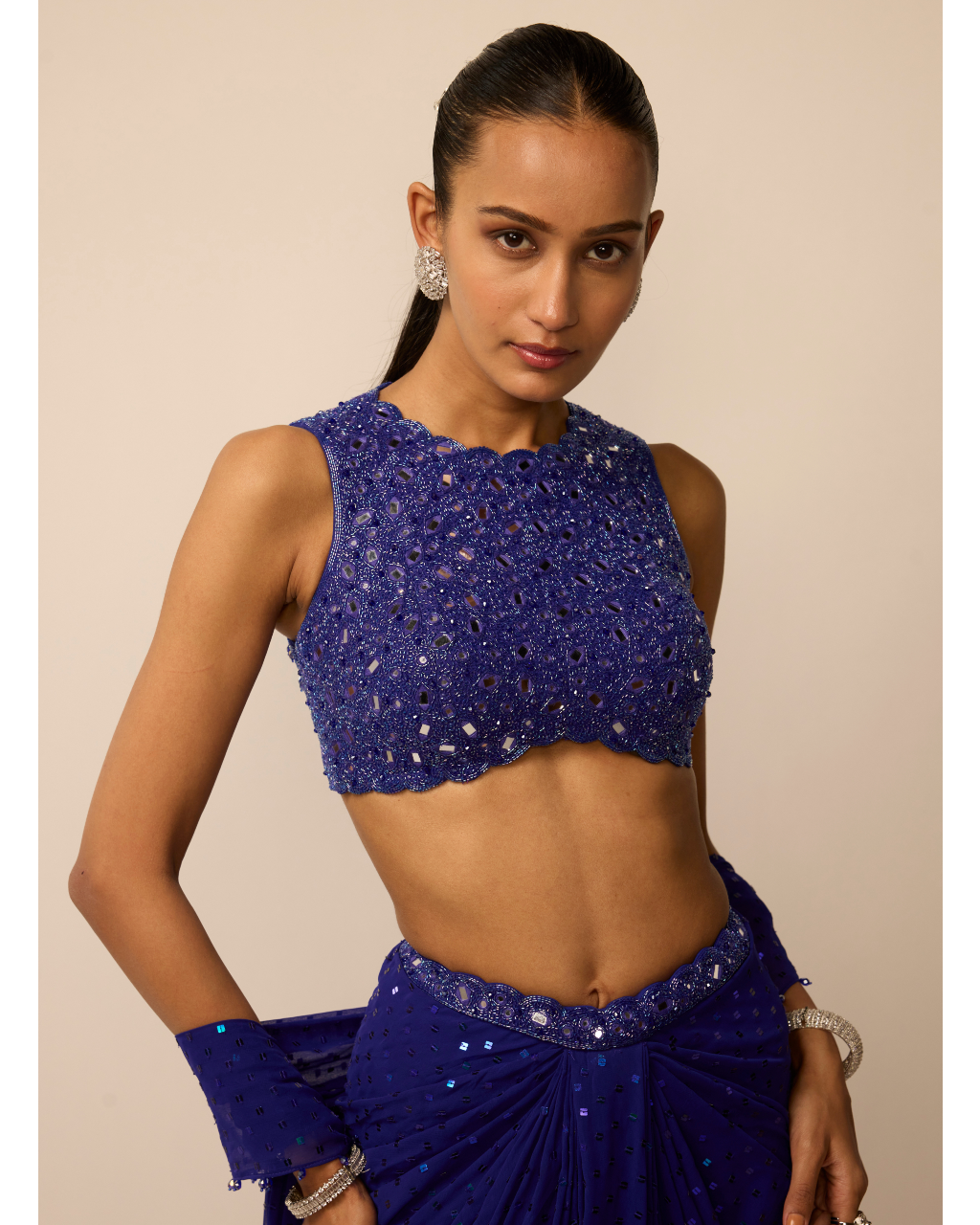 Cocktail Blue Sequins Embroidered Draped Skirt Set