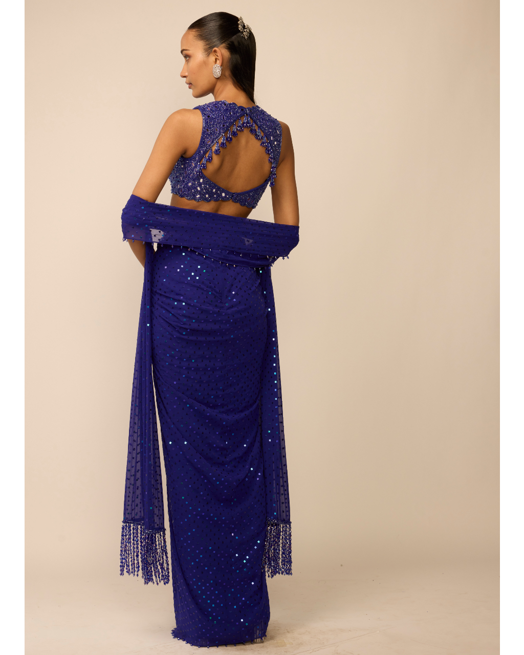 Cocktail Blue Sequins Embroidered Draped Skirt Set