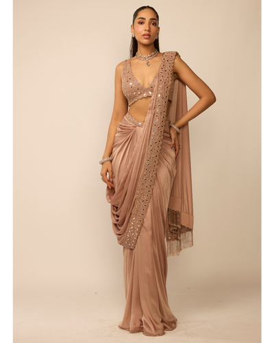 Bronze Rosé Satin Draped Sari Set