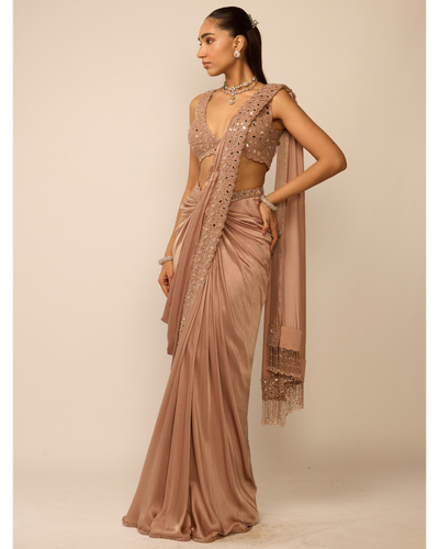 Bronze Rosé Satin Draped Sari Set