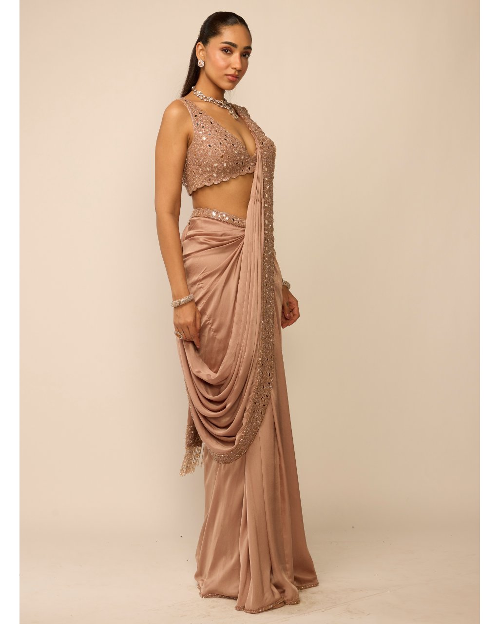 Bronze Rosé Satin Draped Sari Set