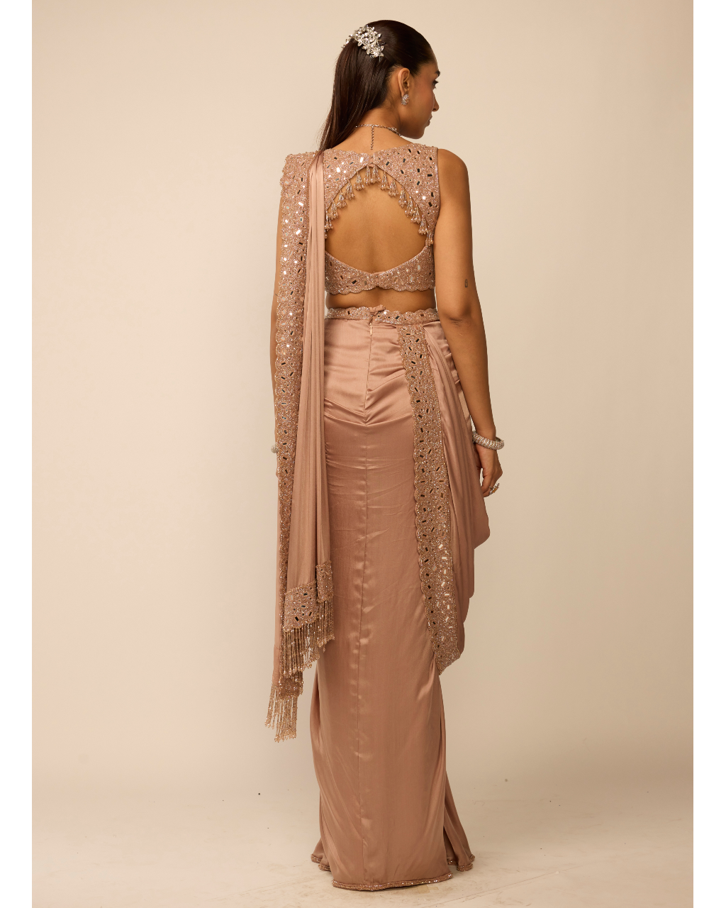 Bronze Rosé Satin Draped Sari Set