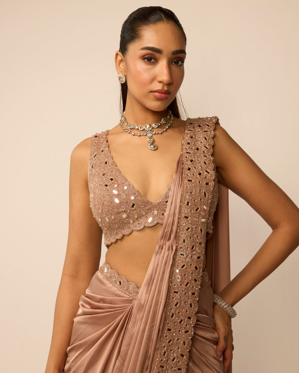 Bronze Rosé Satin Draped Sari Set