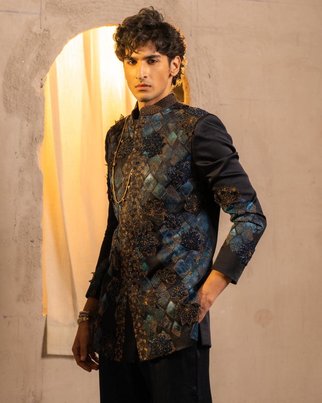 Midnight Blue Handpaint Bandhgala
