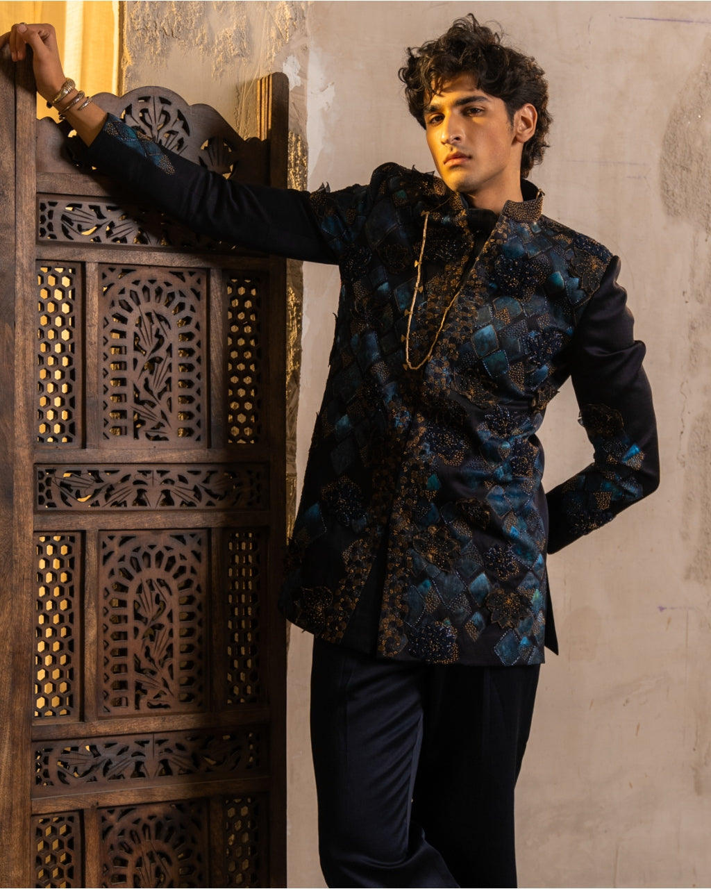 Midnight Blue Handpaint Bandhgala