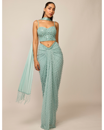 Powder Blue Single Drop Draped Skirt Set