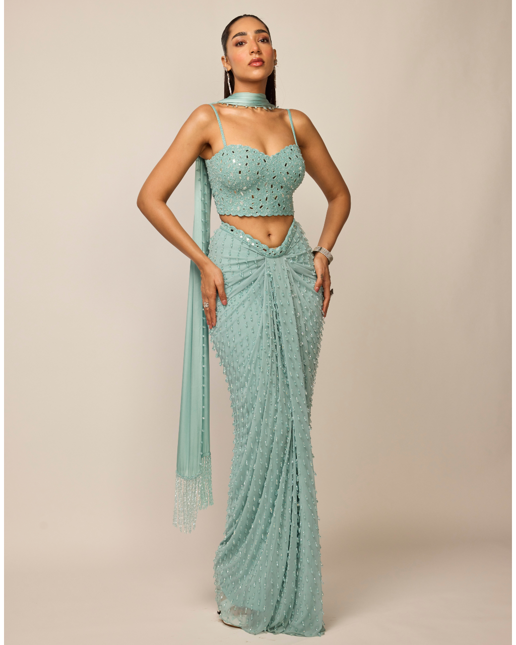 Powder Blue Single Drop Draped Skirt Set