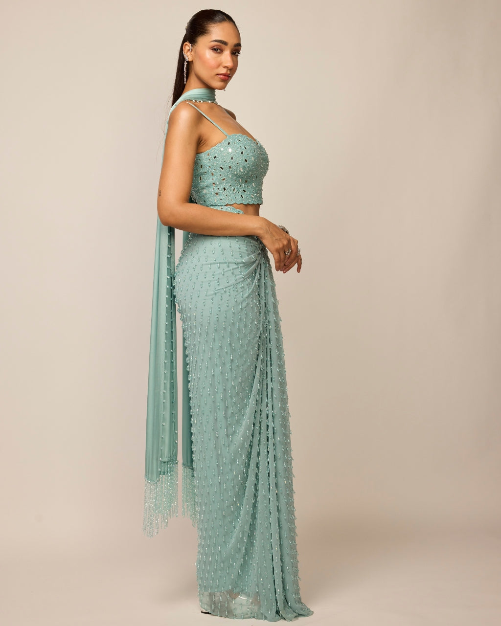 Powder Blue Single Drop Draped Skirt Set