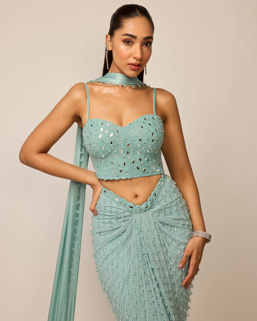 Powder Blue Single Drop Draped Skirt Set