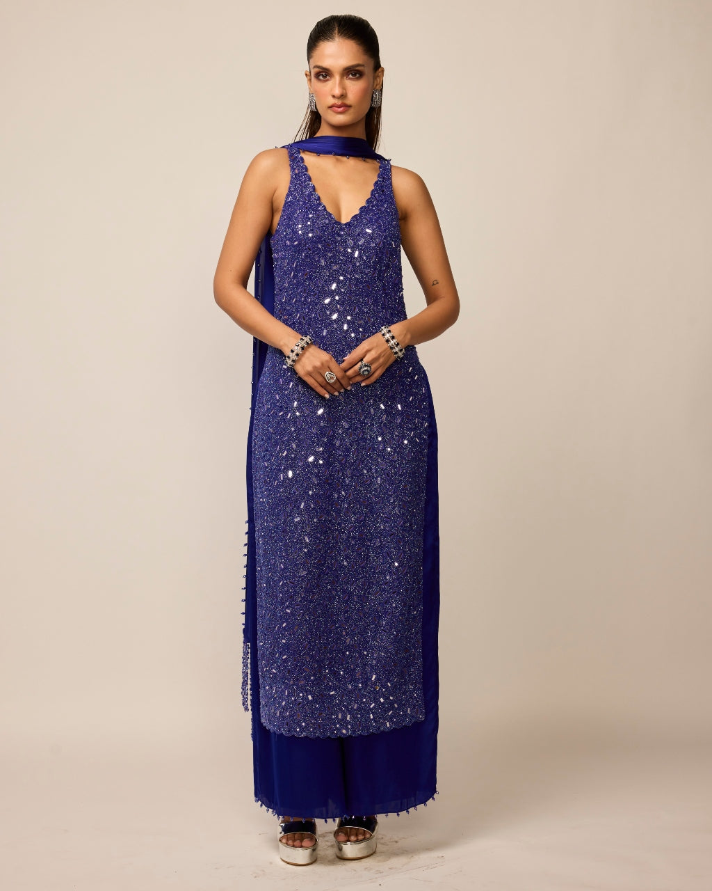 Cocktail Blue V Neck Kurta Set