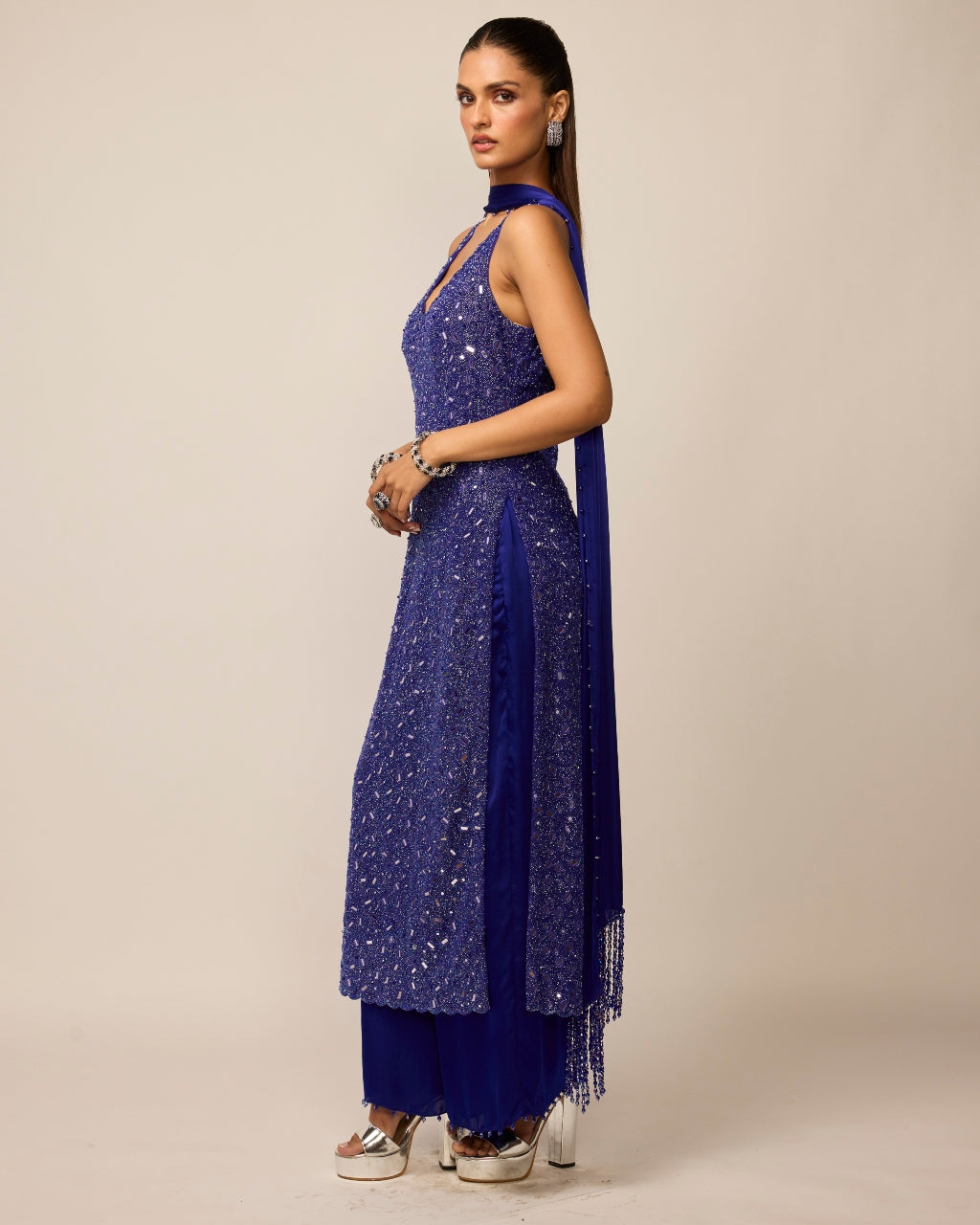 Cocktail Blue V Neck Kurta Set