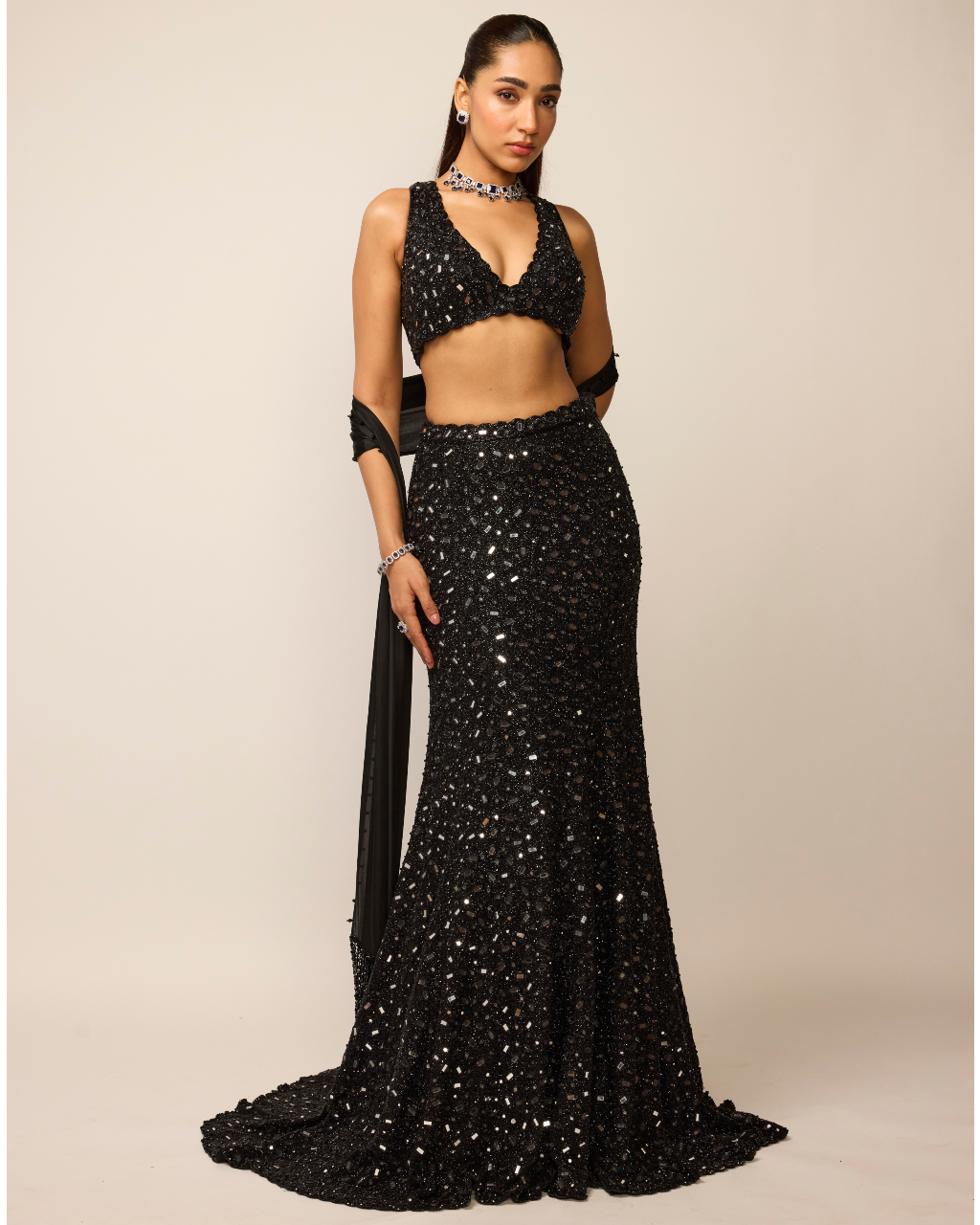 Black Fishcut Lehenga Set