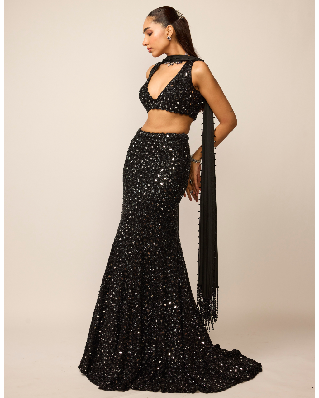 Black Fishcut Lehenga Set