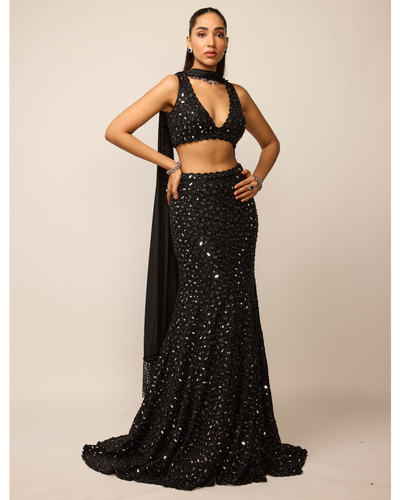 Black Fishcut Lehenga Set
