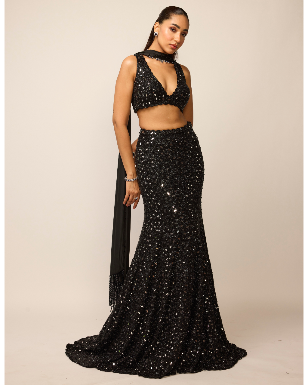 Black Fishcut Lehenga Set