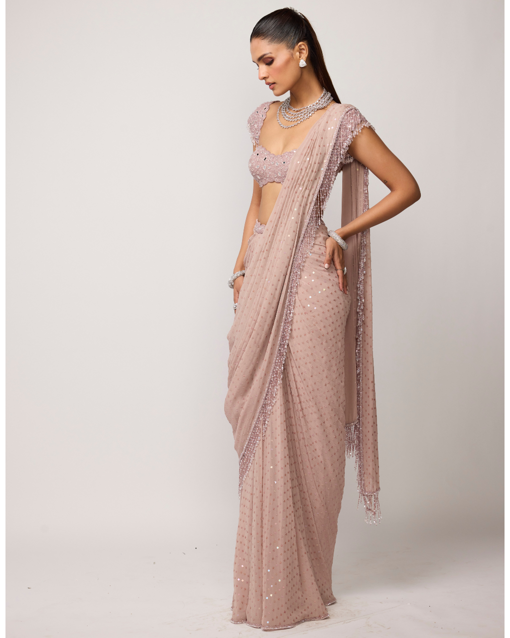 Ash Pink Sequins Embroidered Draped Sari Set