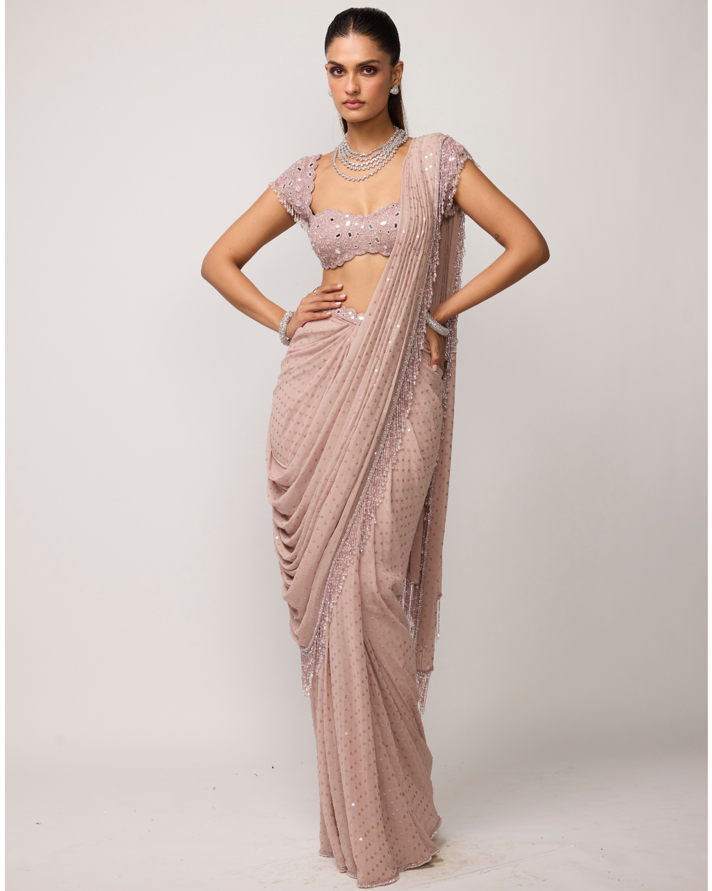 Ash Pink Sequins Embroidered Draped Sari Set
