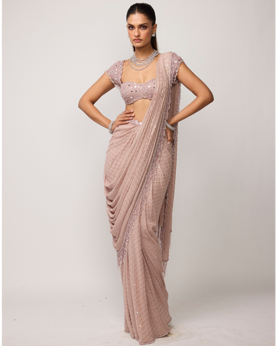 Ash Pink Sequins Embroidered Draped Sari Set