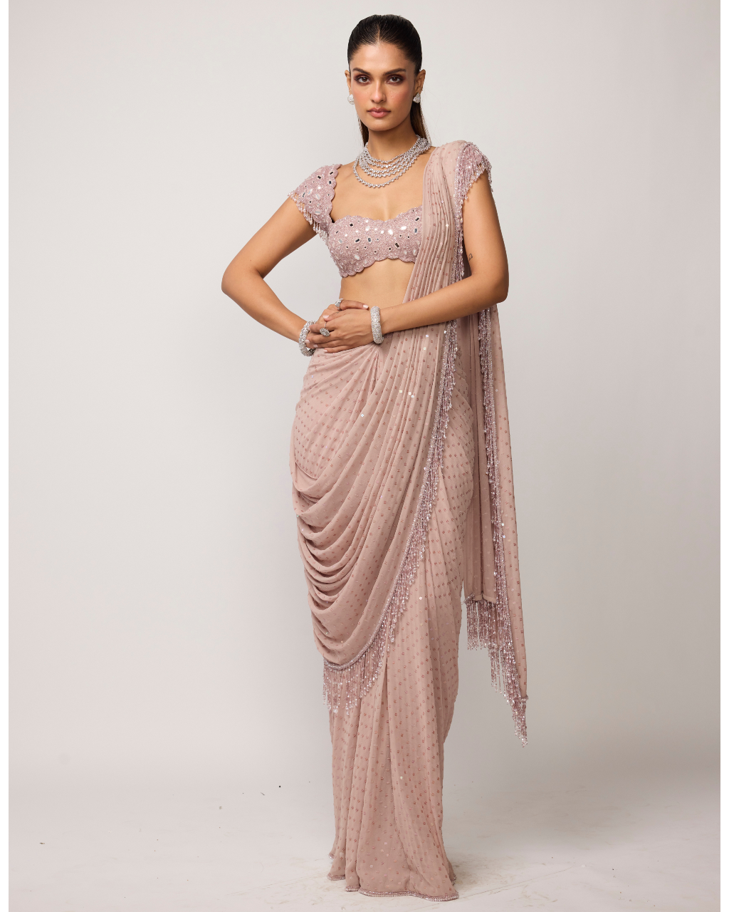 Ash Pink Sequins Embroidered Draped Sari Set