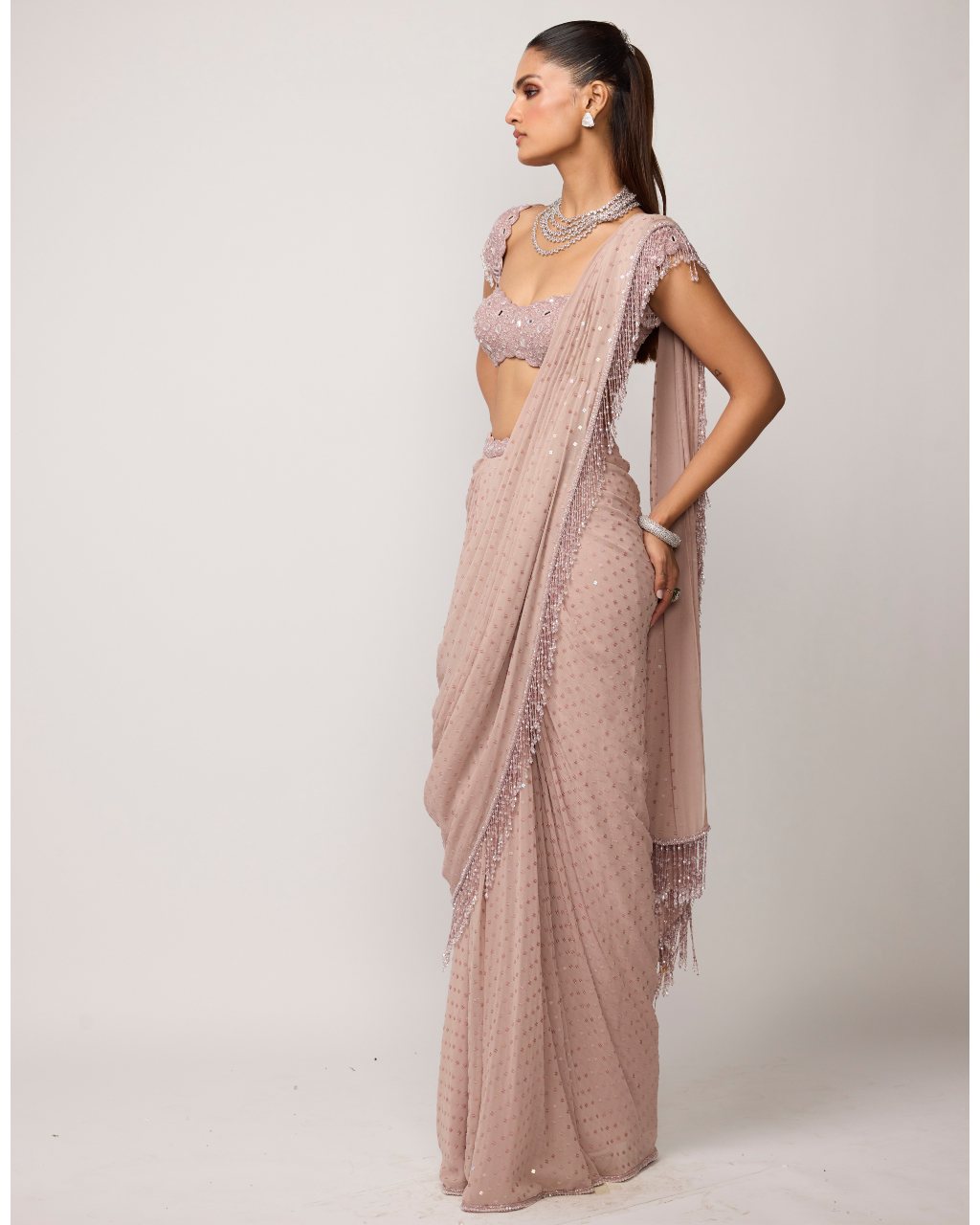 Ash Pink Sequins Embroidered Draped Sari Set