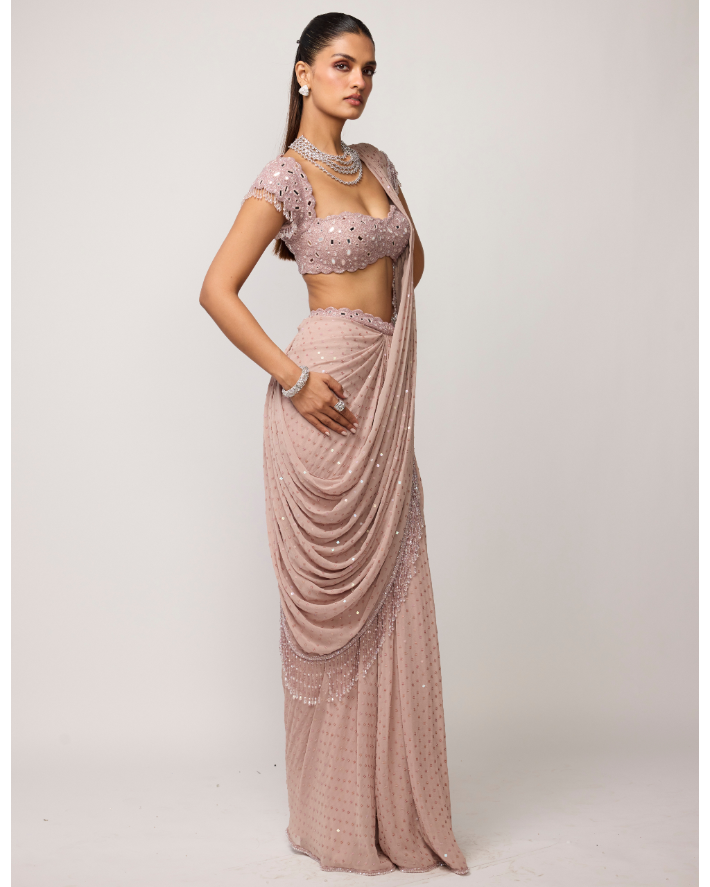 Ash Pink Sequins Embroidered Draped Sari Set