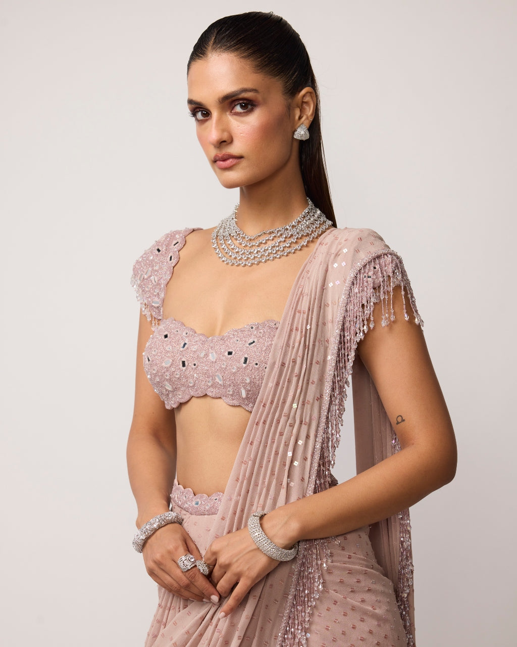Ash Pink Sequins Embroidered Draped Sari Set