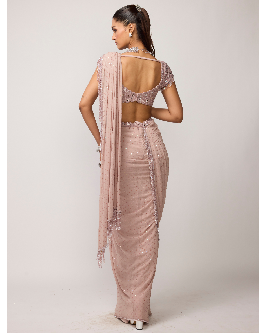 Ash Pink Sequins Embroidered Draped Sari Set
