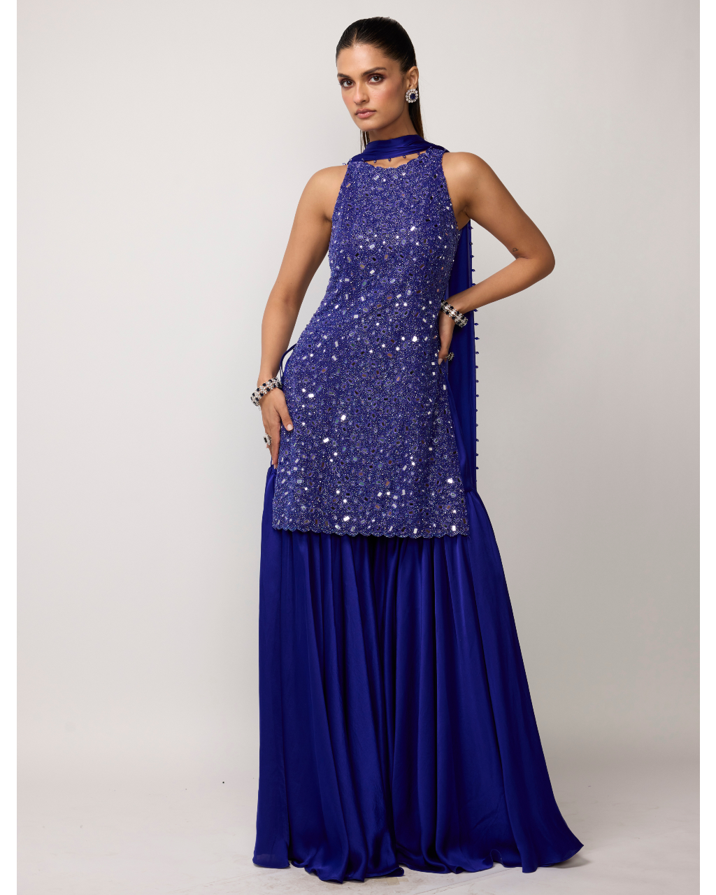 Cocktail Blue Satin Sharara Set
